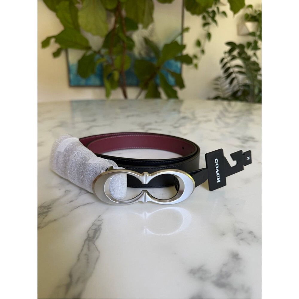 NWT Coach Signature Buckle Belt 25 mm Black Leather Silver C1725 Size Medium M